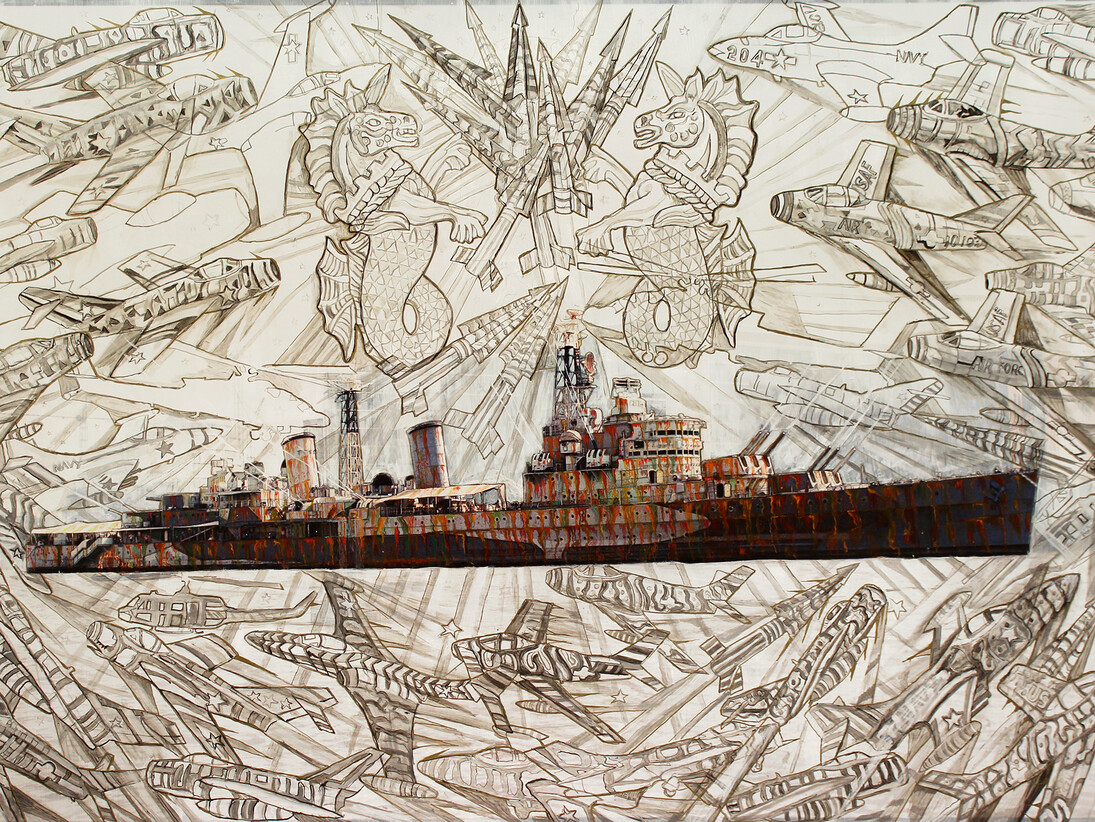 Hew Locke, HMS Belfast, 2012, painted photograph, 127 x 188 cm © the artist, photograph by Charles Robinson