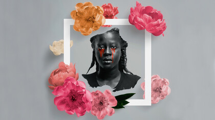 An African American woman shedding red tears from her eyes