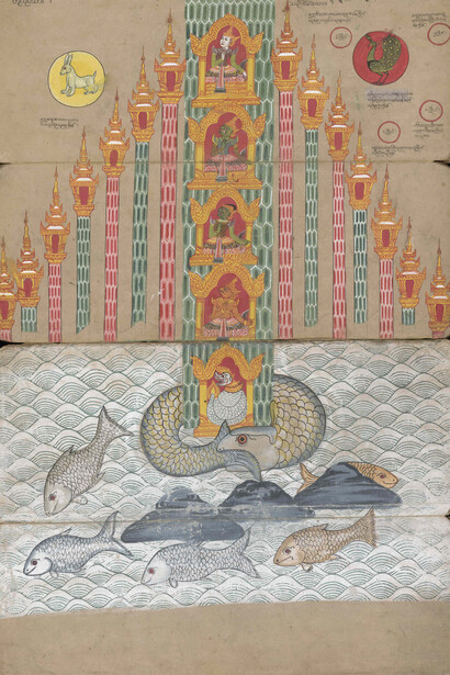 Detail from: A cosmology manuscript, Late 1800s, Burma/Myanmar, Pigment on mulberry paper,  Funded by the Brooke Sewell Permanent Fund © The Trustees of the British Museum.