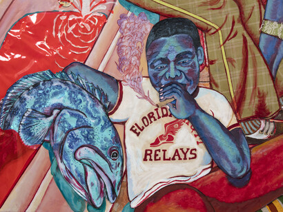 Kiyomi Quinn Taylor, Fortune telling groupers at chill phi chill. Oil, acrylic, colored pencil, paper, felt, fabric, canvas cut-outs, vinyl and thread on canvas, 62 7/8 x 66 1/2 inches (159.7 x 168.9 cm) (detail). Courtesy of Steve Turner