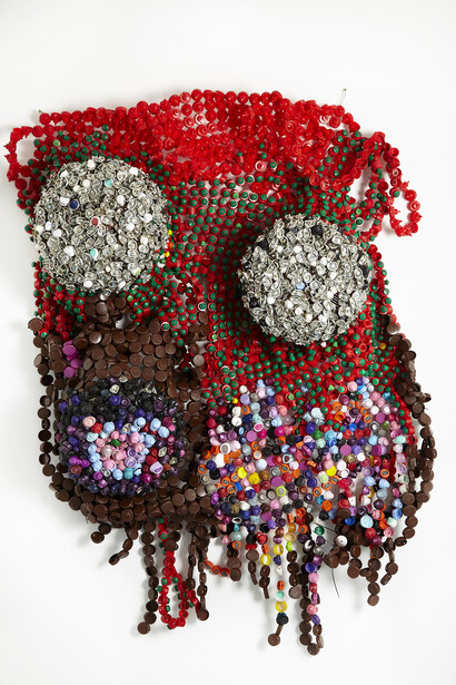 Moffat Takadiwa, Smell of foreign policy, 2015, Found bottle caps and spray tops, 170 x 145 x 30cm, Copyright the artist, courtesy Tyburn Gallery