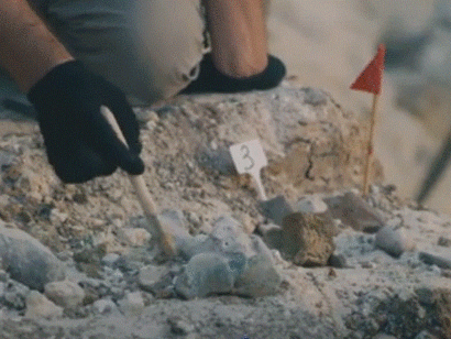 Sito archeologico, archeologi che rinvengono ossa tra le rocce 