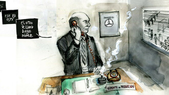 Durante la última dictadura cívico-militar argentina (1976-1983), numerosas empresas colaboraron con el terrorismo de Estado, facilitando secuestros, despidos masivos de trabajadores militantes y beneficiándose de políticas económicas que profundizaron la explotación laboral. Ilustración de Azul Blaseotto para CELS