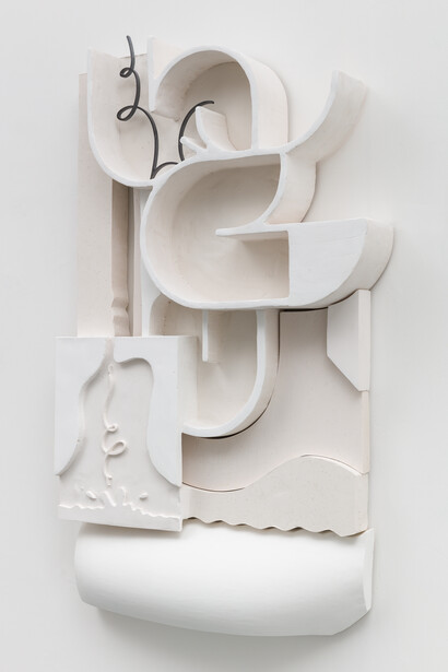 Holly Hendry, 'Untitled', 2021. Plaster, jesmonite,
steel, foam and wood, 118 x 77 x 12cm (46 1/2 x 30
1/4 x 4 3/4in). Copyright Holly Hendry. Courtesy
the artist and Stephen Friedman Gallery, London.
Photo by Mark Blower