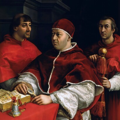 Raffaello, Ritratto di Leone X con i cardinali Giulio de' Medici e Luigi de' Rossi, 1518. Galleria Palatina, Palazzo Pitti, Firenze, Italia