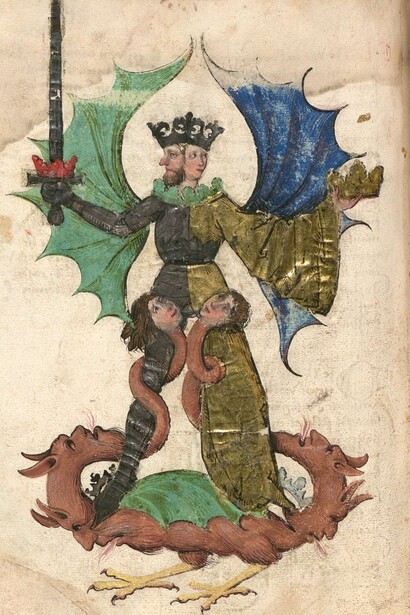 Il Grande Androgino Ermetico calpesta i Quattro Elementi della Prima Materia, Codex Germanicus Monacensis 598, 1417