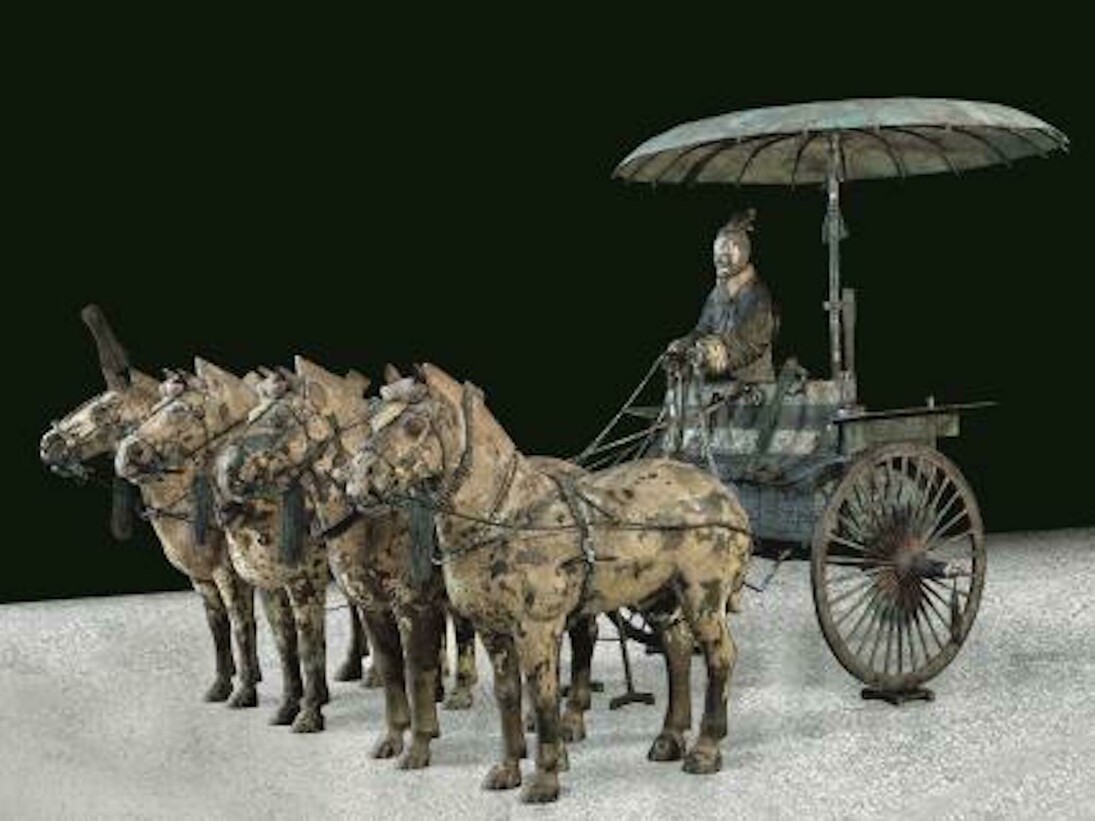Chariot Model (Modern Replica after Qin Originals), Qin dynasty (221–206 B.C.). Bronze with pigments, H. 59 in. (150 cm). Photo: Courtesy Qin Shihuangdi Mausoleum Site Museum, Lintong