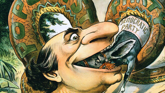 La caricatura del juez de 1896 muestra a William Jennings Bryan. Populismo como una serpiente que se traga a la mula que representa al partido Demócrata