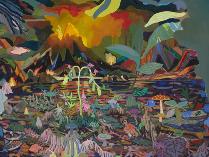 Leon Benn, 
Very Ancient Times (after Vesuvius),
2021,
Oil, acrylic, and fabric dye on canvas,
48 x 64 inches