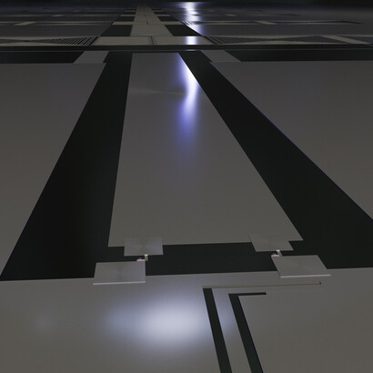 Raffigurazione di un chip quantistico con guida d'onda in metamateriale superconduttivo. Realizzata con Blender, utilizzando il motore di rendering Cycles e una GPU Nvidia RTX 4070Ti Super. Opera di OJB Quantum