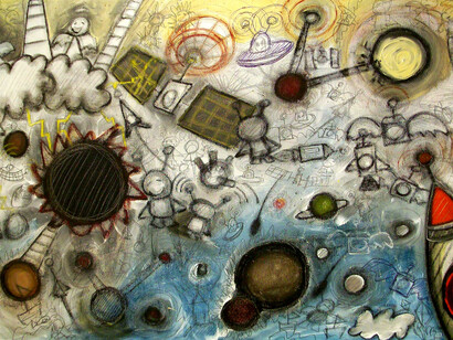 Francesco Zavattari, Il matrimonio fra cielo e paradiso, Pastello extrafine, idropittura, grafite e penna biro su tela, 50 x 80 cm (dettaglio)