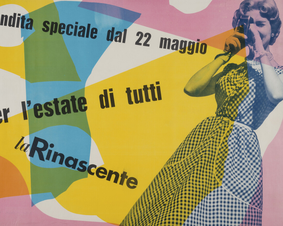Max Huber, La Rinascente – Per l’estate di tutti, 1954, manifesto pubblicitario, stampa offset, foto Sergio Libis, 70 x 100 cm Archivio Max Huber
