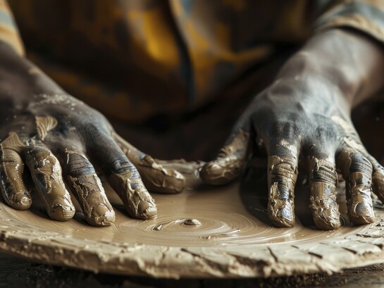 Skilled hands carefully shaping wet clay on a pottery wheel, representing the craftsmanship that has sustained African artistic traditions