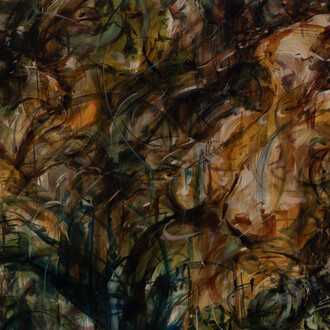 Julia Jo, Mother’s Ruin, (detail), 2023, signed, titled, and dated verso, oil on linen, 96x96x2 inches. Courtesy the artist and James Fuentes, LA