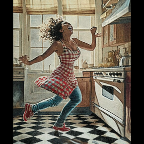 Akea Brionne, Dancing in the Kitchen #1, 2023, digitally woven jacquard, hot-fix crystals, poly-fil, yarn, 121.9x152.4 cm. Courtesy the artist and Lyles & King, NYC