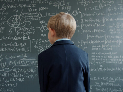 L'écriture sur le tableau, entourée de formules, met en évidence la pensée énactive où les actions et l'environnement interagissent pour générer des significations, soutenant une vision de l'esprit comme un ensemble de puissances distribuées