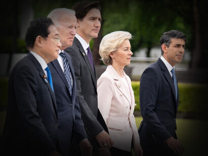 Banderas de las naciones del G7 en el acto de bienvenida en Hiroshima, Japón