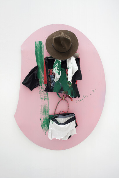 Yves Scherer, GP, 2015, Aluminium Dibond, Prada Bag, T-Shirt, Pants and Acrylic Paint, 135x102 cm - Courtesy Studiolo, Milan - Photo Filippo Armellin