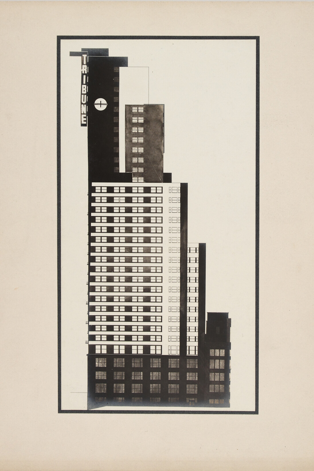 Knud Lonberg-Holm. Design for the Chicago Tribune Tower Competition, Side elevation with Tribune sign visible, 1922, Vintage photograph mounted on board, 9 1/8 x 4 7/8 inches (23.2 x 12.4 cm) – image, 11 1/2 x 9 1/8 inches (29.2 x 23.2 cm) – board