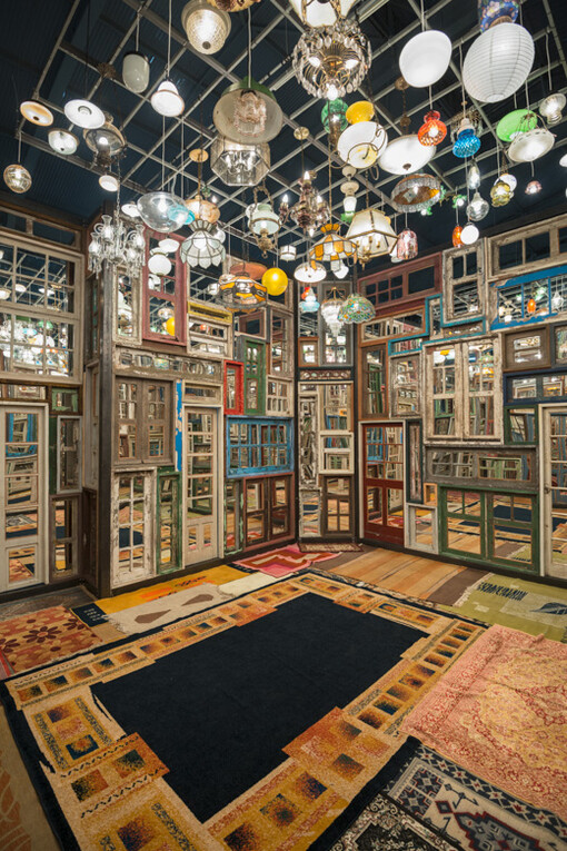 Song Dong, My City, installation of doors, windows, mirrors, lamps and carpets, 5 x 5 m, 2014. Photo: Edouard Fraipont, Internal view