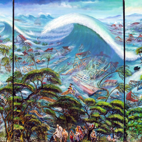 Richard Onyango, Tsunami, 2005. Triptych, Acrylic on canvas, 160 x 119,9 x 2,5 cm each panel © Richard Onyango. Courtesy of CAAC - The Pigozzi Collection, Ginevra