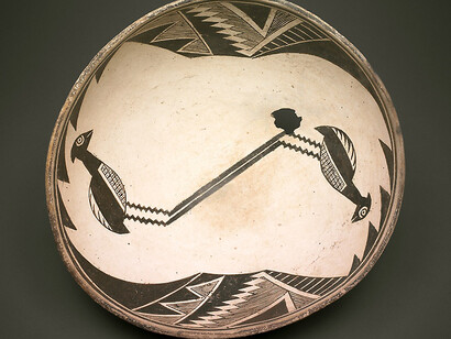 Mimbres branch of the Mogollon, Classic Mimbres Black-on-white
New Mexico, United States
Bowl with Mirror Pattern of Birds Framed by Geometric Motifs, A.D. 950/1150