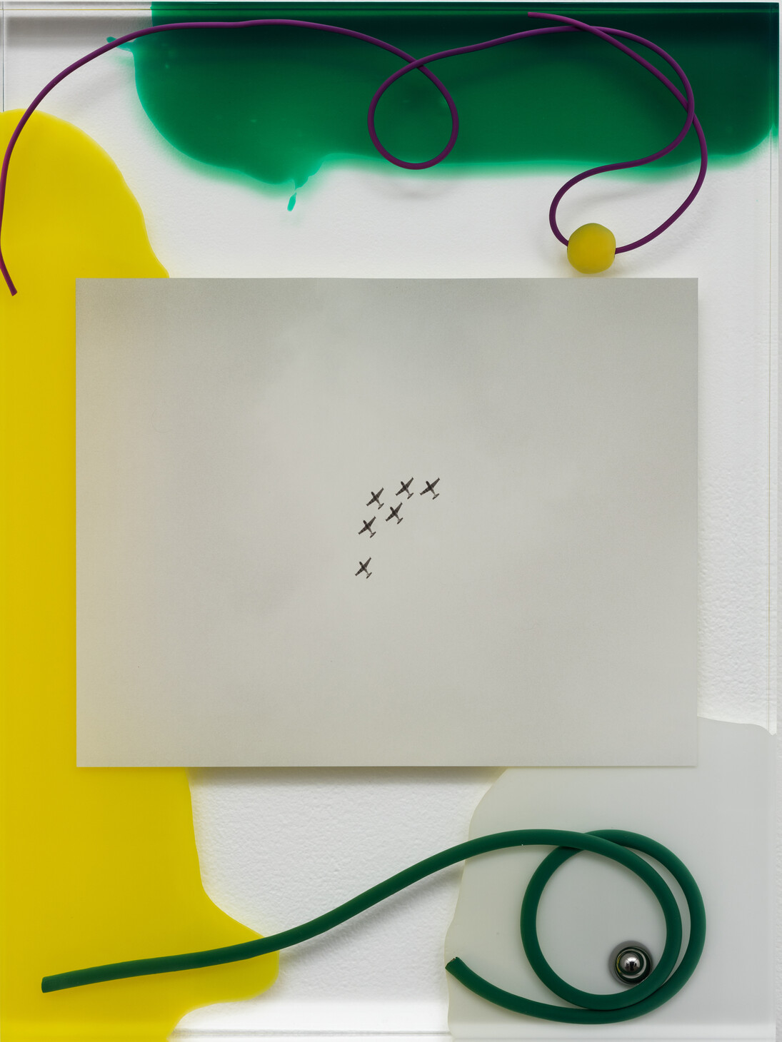 Elad Lassry, Untitled (Airshow), 2015, Acrylic glass, silver gelatin print, ceramic bead, pigment, wire, steel ball, 23 1/4 x 17 1/8 x 1 1/2 inches