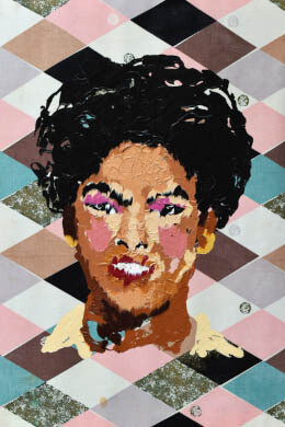 Dana Robinson,
Beautiful, Inside and Out (detail),
2022.
Vintage fabric and acrylic paint,
34" x 28". Courtesy of the artist and Johansson Projects