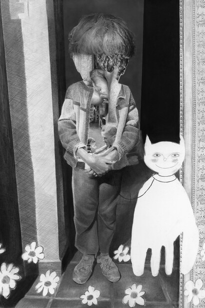 Pierre-­François et le chat qui rit, mine de plomb
et fusain sur papier, 200 x 150 cm, Collection privée,
France