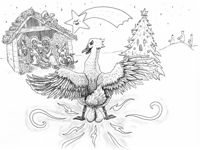 Alessandro Russo, Papera Cugghiuta, acquerello per il libro "Mostri! Animali leggendari d'Italia"