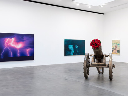 Installation view, artworks from left to right: © Estate Jack Goldstein © Mark Tansey © Jeff Koons © Richard Prince, Thomas Moran,  ph. Lucy Dawkins