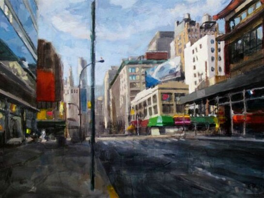 Laurent Dauptain, Boutiques et reflets, 2014, Oil on Canvas, 38" x 57½"