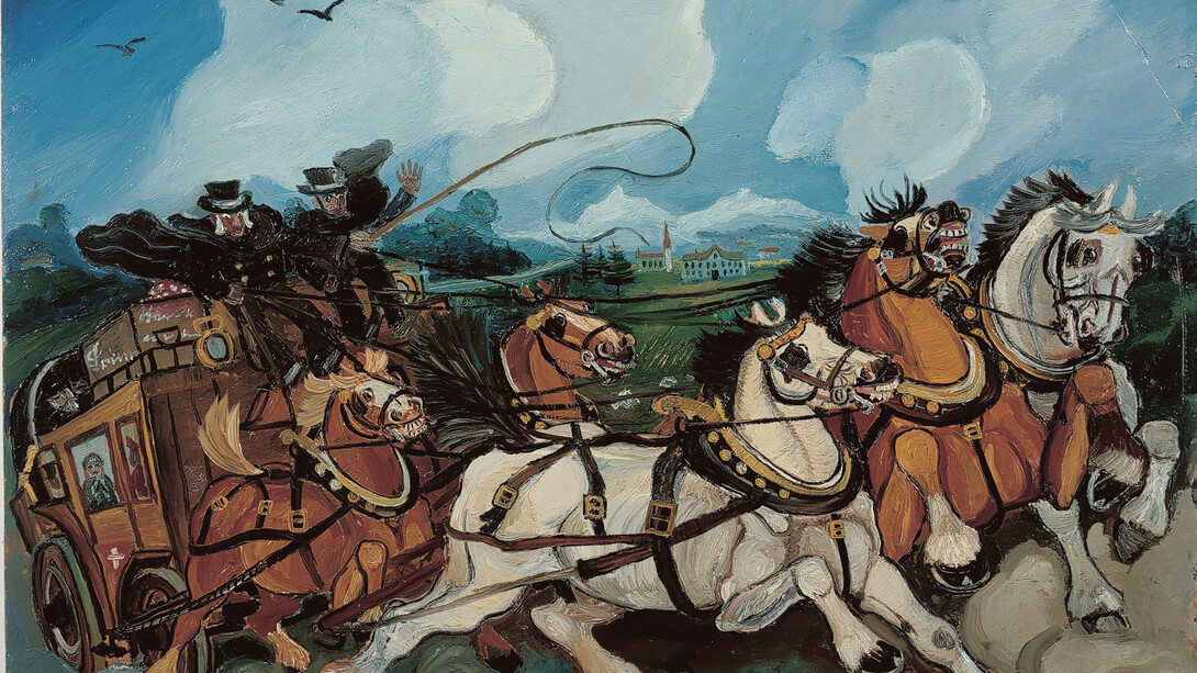 Antonio Ligabue, Diligenza con paesaggio e villa di Casanova Rambelli, olio su tavola di faesite, 1953-1954, 68 x 95 cm