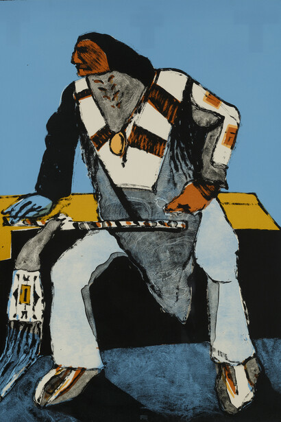 Fritz Scholder, Cowboy Indian (Second State) (detail), Ed. 14 of 20, 1974, Original lithograph on paper, 23 x 16 in. Courtesy of LewAllen Galleries