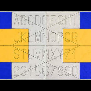 Matt Mullican, 'Untitled (Alphabet in Language),' 2016. Acrylic gouache and oil stick rubbing on canvas, in two parts,  78 3/4 x 157 1/2 in. (200 x 400 cm). Courtesy the artist and Peter Freeman, Inc. New York / Paris
