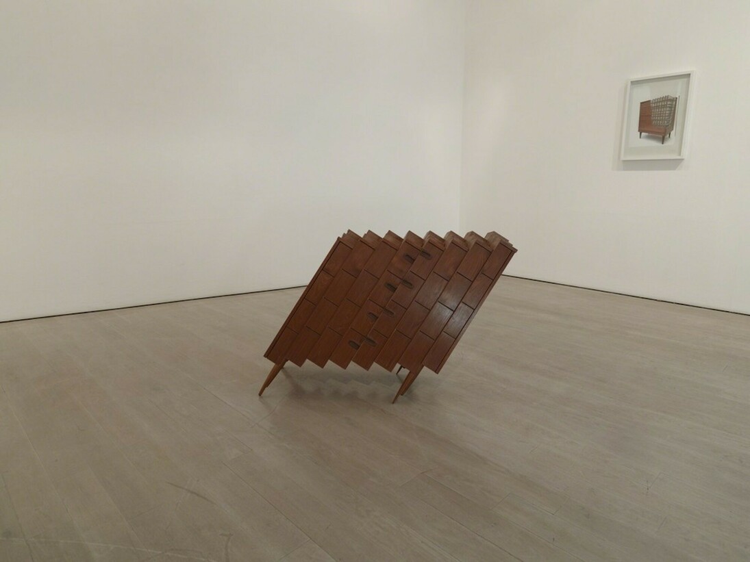 Richard Wilson, Blocka Flats, 2017, Reconfigured Furniture, 77 x 123 x 48.5 cm. © Richard Wilson.  Courtesy Annely Juda Fine Art

