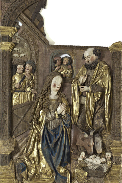 La nativité, Atelier de Niclaus Weckmann, vers 1520-1525, Bois (tilleul ?) polychromé, H. 141 ; L. 87 ; P. 6 cm, Paris, Petit Palais (inv. PPS 2075) © Eric Emo / Petit Palais / Roger-Viollet