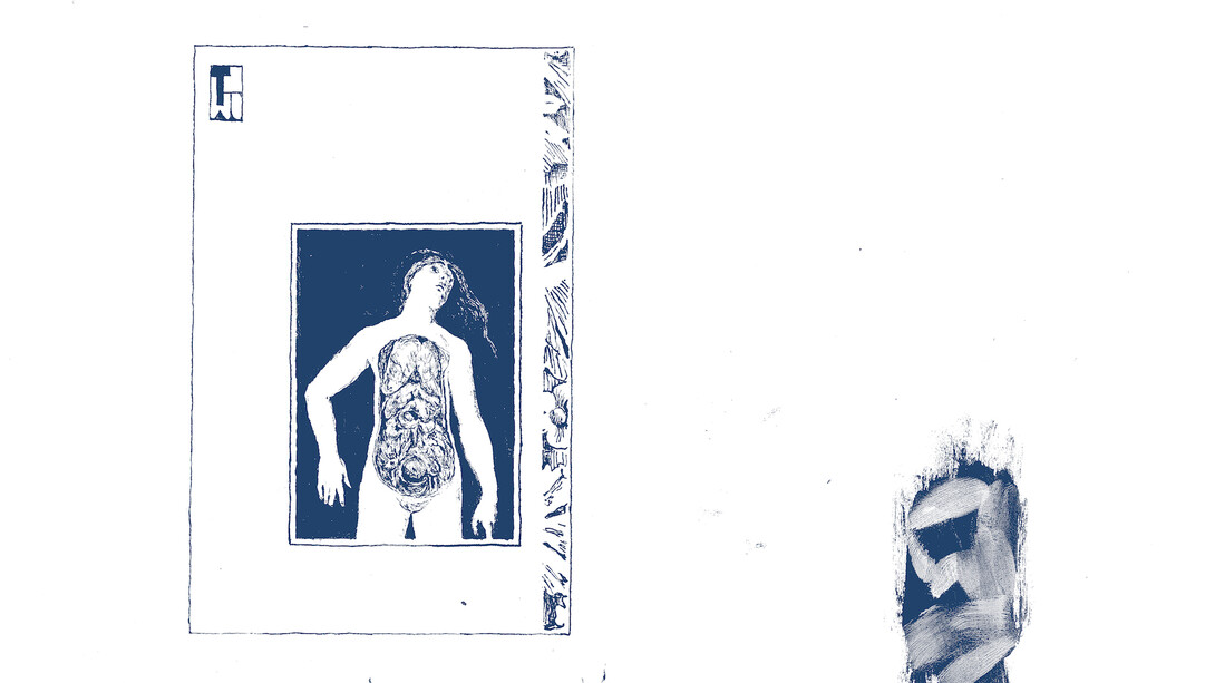 Jamie Crewe, Cover design for Monsieur Venus, drawn with a knife, 2016.