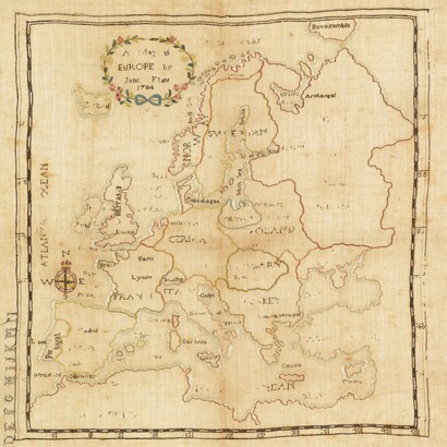 Cartina dell'Europa ricamata da Jane Flint nel 1786