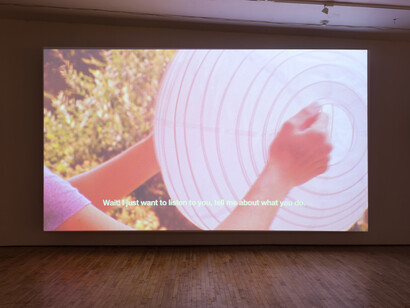 Basim Magdy, The Everday Ritual of Hatching Monkeys, 2014. Still from Super 16mm film transferred to Full HD, 13 minutes, 22 seconds. Installation view at Art in General. Image courtesy the artist and Art in General.
Photo: Charles Benton.