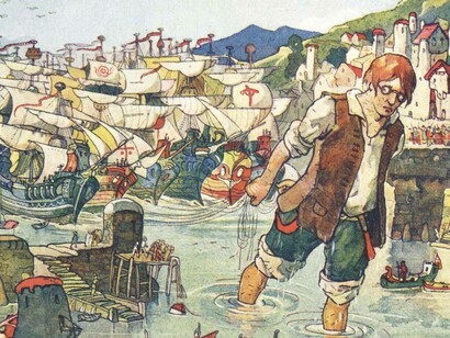 A worried and concerned Gulliver is dragging an armada of ships to sea