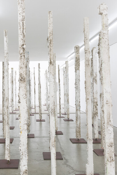 Installation view of Jodie Carey's exhibition. Stand, 2017 Plaster, steel, earth, paint and colouring pencil. Dimensions Variable. Copyright Will Amlot. Courtesy Edel Assanti.