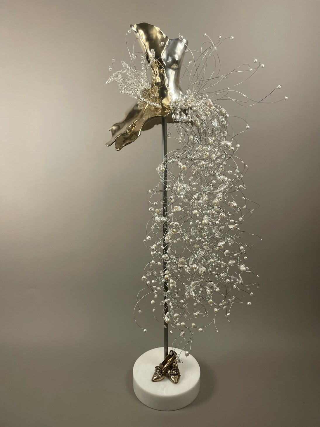 Estella Fransbergen, EF 22304, bronze, one sided with high polish and silver rub; pearls - european crystals -shoes with white round marble base, 40x16x16 in