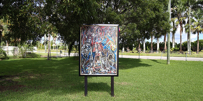 Carlos Alfonzo, Danza Macabra (Dance of Death) , 1987. Reproduction installed at Blakey Park.Collection Pérez Art Museum Miami, promised gift of Jorge M. Pérez