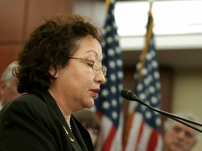 Surgery department family nurse and certified diabetes educator, Carmen Morales-Board, giving her speech during "Thank You Affordable Care Act", in 2012