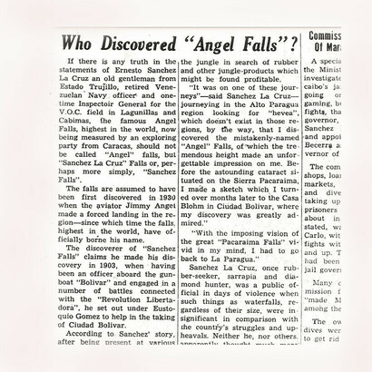 Details of the interview, 1949, Ruth Robertson with Ernesto Sánchez La Cruz in which he describes the way in which he went up to the Jump Pacaraima, in The Umbrella, confusing him with the Salto Angel, in Auyantepui. "The Caracas Journal", May 1949. File Jorge M. González