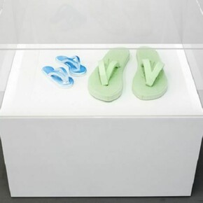 Andreas Slominski, "Moon Boots," 2012, Four styrofoam flip-flops and paint, 3.5 x 15 x 14.5 inches
