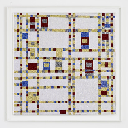 Corinne Felgate, Broadway Boogie Woogie, 2014, fabric & glitter on board, Image: 127 x 127cm, Framed: 144 x 144cm
