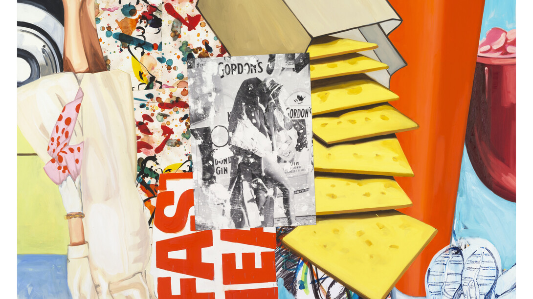 David Salle, Faster Healing, 2014, Oil and acrylic on linen with pigment print, 77 x 96 inches (195.6 x 243.8 cm). © David Salle. Courtesy Skarstedt, New York.