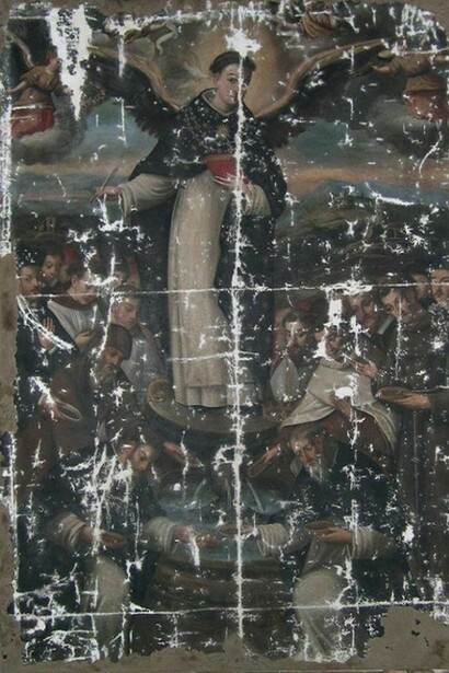 Ignoto, _Vincenzo Ferrer_, cm 220 x 159, Chiesa parrocchiale Sant’Antonio di Padova, Depressa, (LE). Il dipinto nella fase finale della ‘reintegrazione plastica’.  